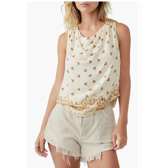 Free People Silas Print Cowl Neck Open Back Top Ivory Combo Size L - Picture 1 of 10